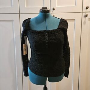 Idyllwind Black Buttoned Smocked Blouse